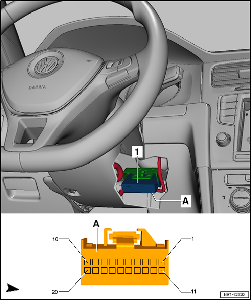 1 - Диагностический интерфейс шин данных J533 A - Разъём, 20-контактный T20e